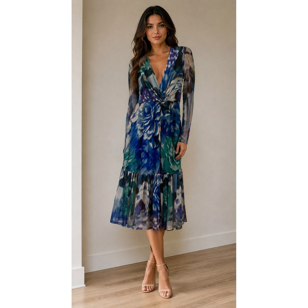 Maison Tara Blue Abstract Watercolor Sheer Sleeve Twist Front Midi Dress 8